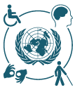 Simbolo das Nações Unidas em suas cores oficiais: azul e branco, formado pelo mapa mundi e rodeado de ramos de oliveira, simbolizando a paz. Em volta quatro símbolos (deficiência física, visual, auditiva e intelectual) representando a acessibilidade universal.